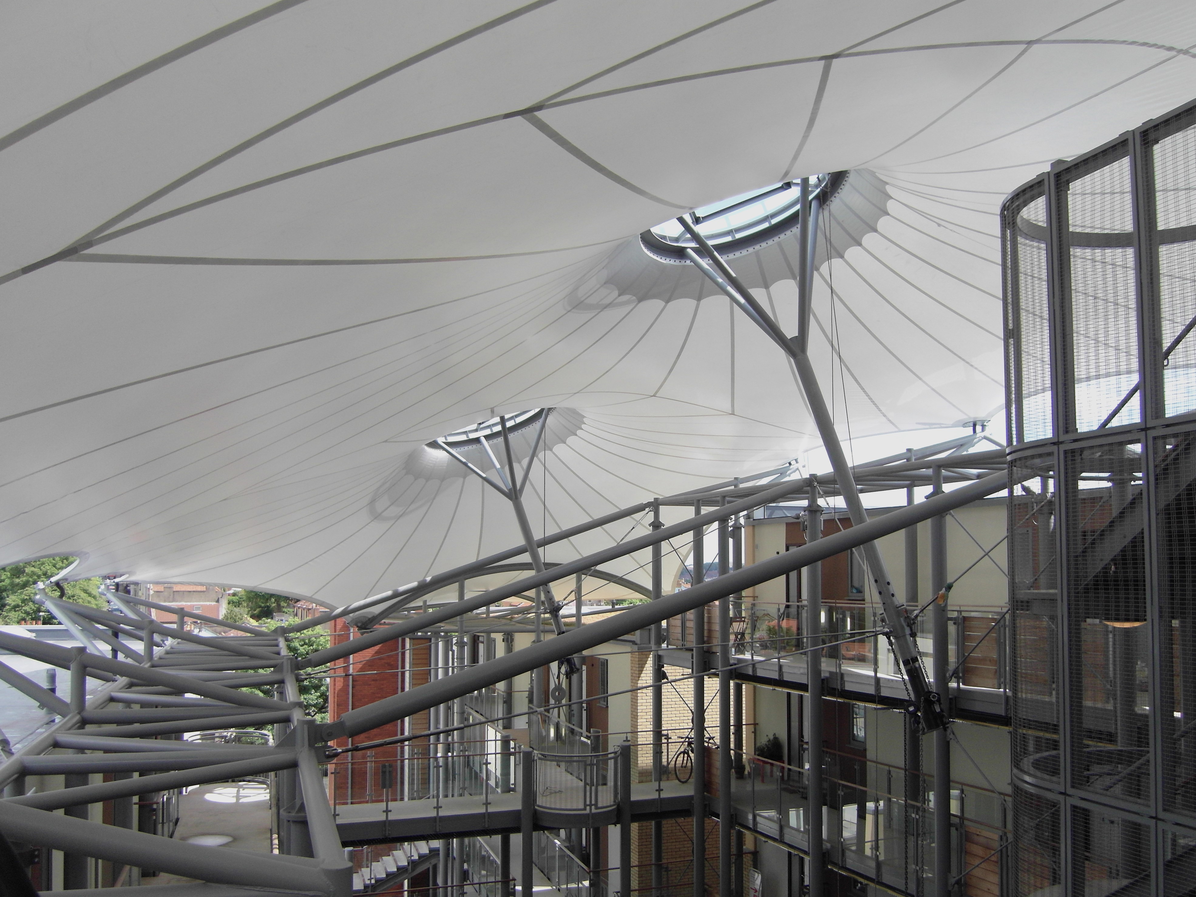 The underside of the tensile fabric structure within Dovercourt engineered by Fenton Holloway using form finding. 