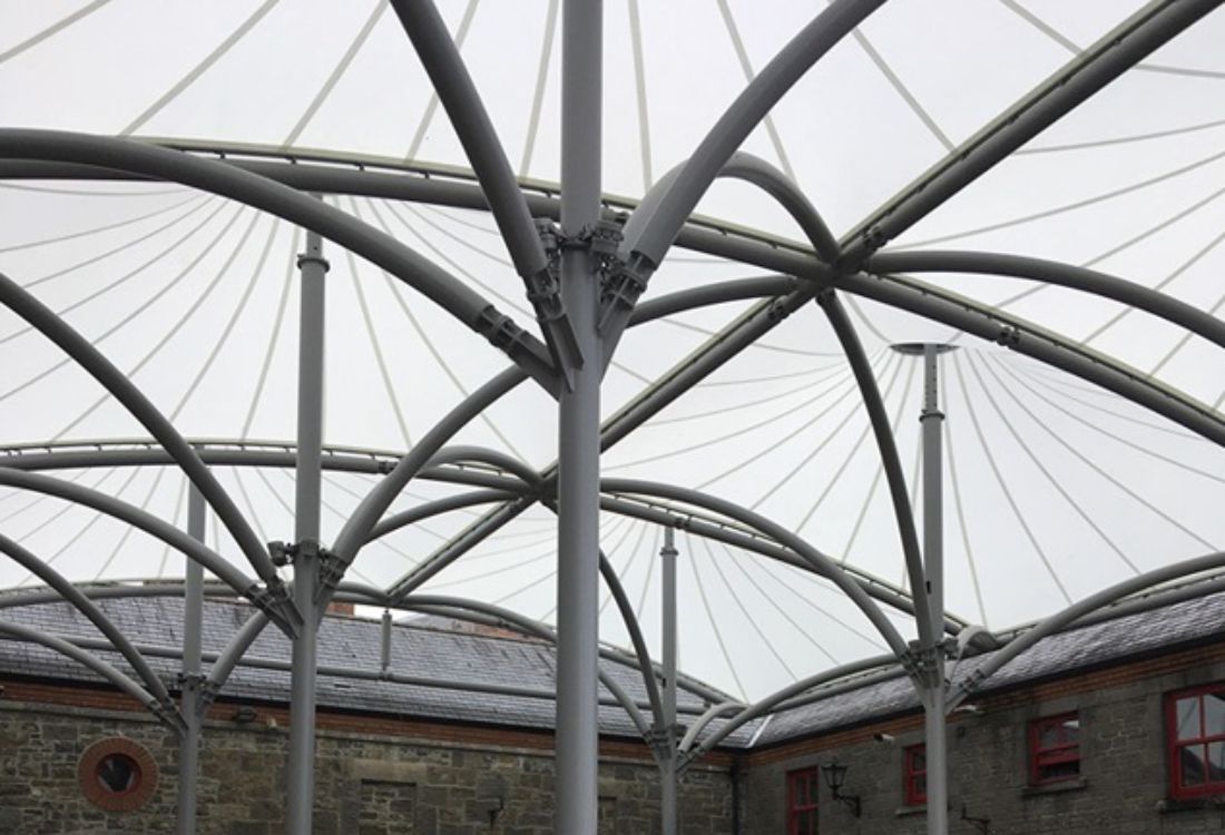 The metal framework of a precisely designed tensile fabric structure.