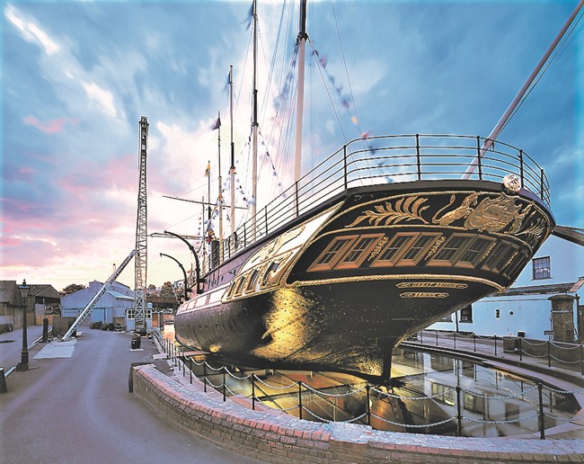 A historic ship called the SS Great Britain at a docking bay in Bristol as the team prepares for a conservation project.  